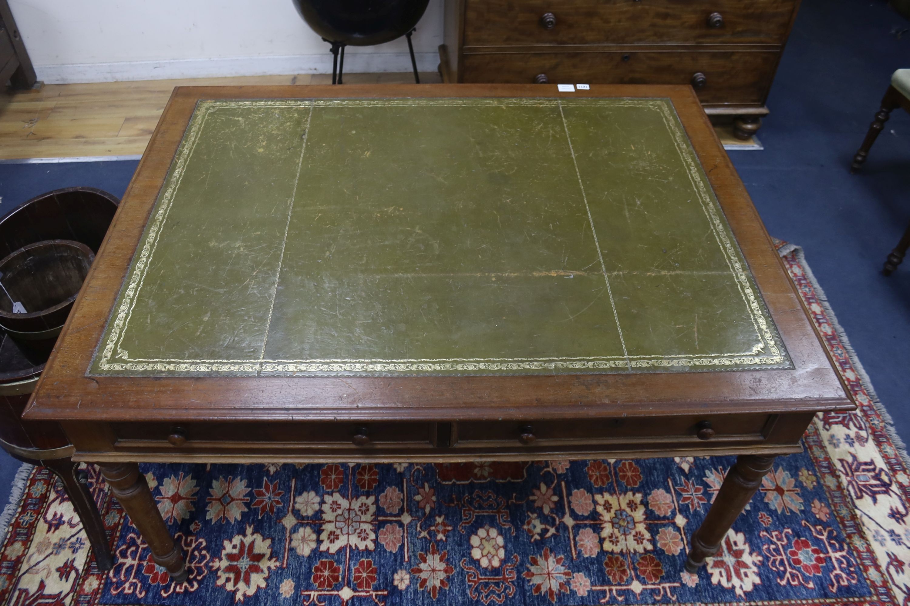 A Victorian style mahogany leather-topped partner’s desk, length 138cm, depth 106cm, height 75cm